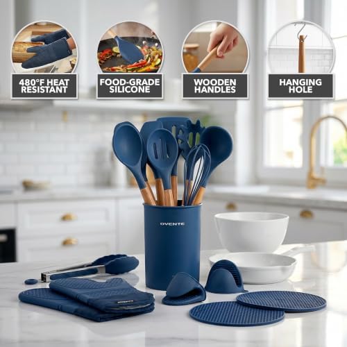 OVENTE Silicone Cooking Utensils Set, 17pcs, Heat Resistant, Blue SPS17BL