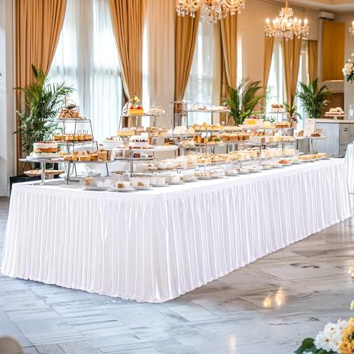Wish Care 14ft White Satin Table Skirt for Rectangle Tables Wrinkle Free Teacher Desk Skirt Glitter Ruffle Table Skirting Cloth for Office Wedding Birthday Baby Shower Party Banquet Table Decorations