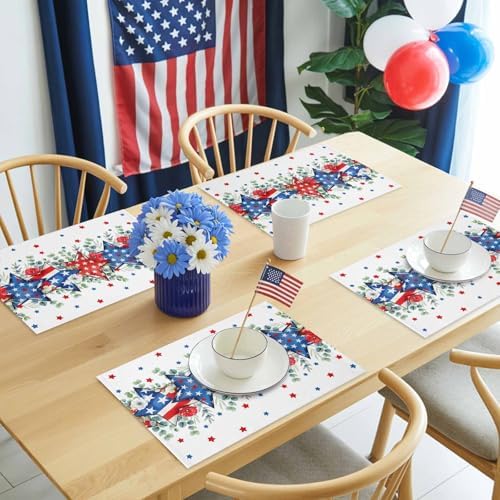4th of July Placemats Set of 6, Patriotic Memorial Day Heat Resistant Washable Dining Table Mats Holiday Farmhouse Decor for Kitchen&Table Linens Outdoor Indoor,American Stars Summer Poppy Eucalyptus
