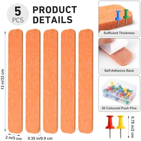 HAUTOCO Felt Bulletin Strips 5 Pack, 13" x 2" Self Adhesive Pin Board with 20 Push Pins, Peel and Stick Memo Board for Photos, Notes & Wall Decor, Dorm Room, Bedroom, Office, Sunset Yellow
