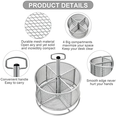 Marbrasse Mesh Desk Organizer, 360-Degree Rotating Multi-Functional Pen Holder, 4 Compartments Desktop Stationary Organizer, Home Office Art Supply Storage Box Caddy (silver)