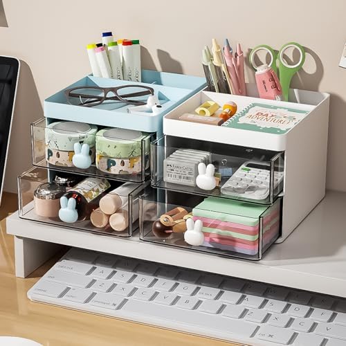 Marbrasse Small Desk Organizer with Drawer, Multi-Functional Pen Pencil Holder Storage Box, Desk Organizers and Accessories with 3 Compartments + 2 Drawer for Office Art Supplies(White)