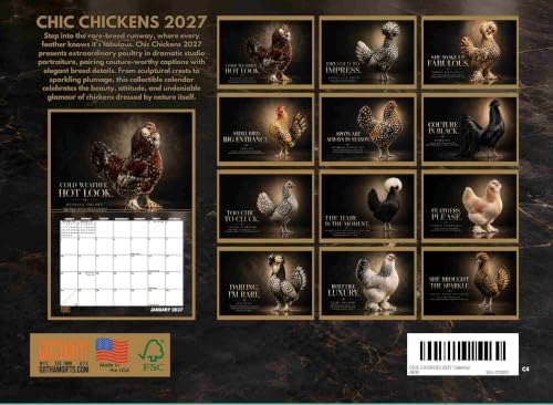 Chic Chicken Calendar 2027 Wall Monthly Beautiful Exotic Breeds Calender 12 Month | American Made In The USA