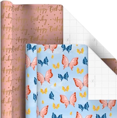 Hallmark Pretty Wrapping Paper with Cutlines on Reverse (6 Rolls: 180 Square Feet Total) Flowers, Butterflies, Stripes, Dots for Birthdays, Mother's Day, Valentine's Day