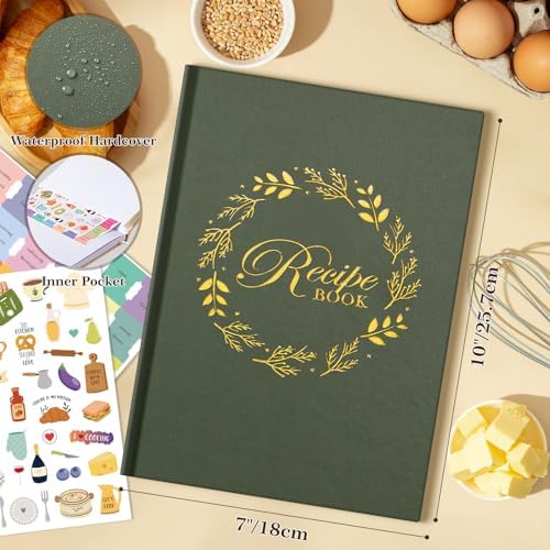 Lanpn B5 Blank Recipe Book Cookbook to Write in Your Own Recipes, Leather Cover Waterproof Empty Cooking Journal for 70 Recipes, Recipe Notebook with Stickers to Organize Your Family Recipes, Green