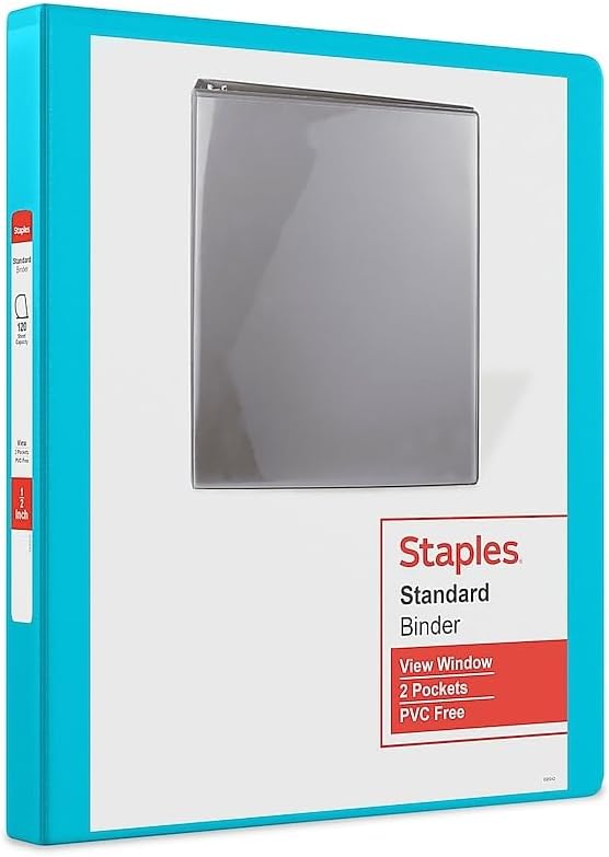 Staples Standard 0.5-Inch D-Ring View Binder, Holds Up to 100 Sheets, Teal, Slim Binder for Office, School & Home