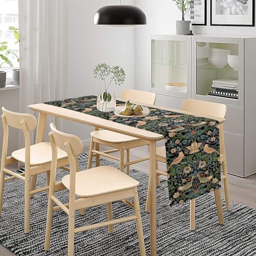 William Morris Floral Table Runner, Strawberry Thief Birds in Green and Blue Table Runner for Home Kitchen Dining Table Decoration,13x120 Inch