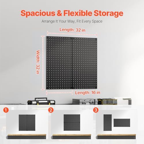 VEVOR Metal Pegboard Panels, 32" x 16" Pegboard, 2 Panels, Heavy Duty Steel Peg Board Wall Organizer, for Living Room Garage Tool Storage Workbench Office Organization Craft Room Kitchen Home, Black