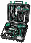Tool Kit: 8V Cordless Drill, Home Toolbox with storage case, Hand Tool set for Home Repairs 126 Piece, Green