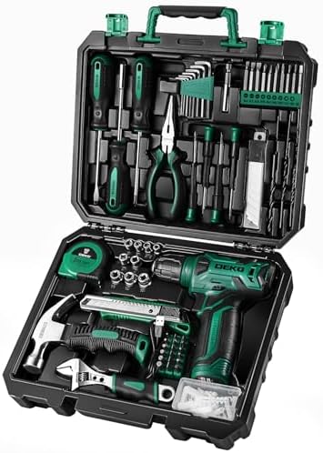 Tool Kit: 8V Cordless Drill, Home Toolbox with storage case, Hand Tool set for Home Repairs 126 Piece, Green
