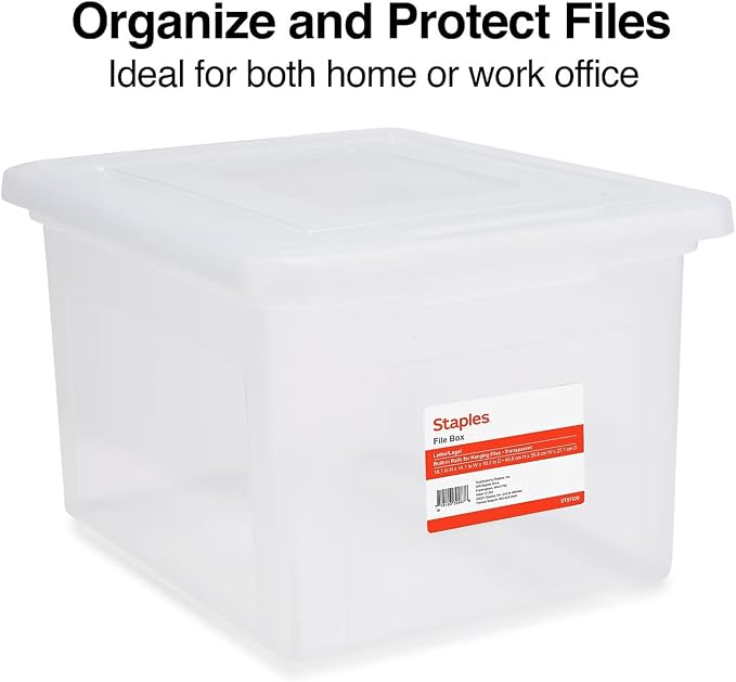 STAPLES Plastic File Box with Snap Lid, Letter/Legal Size, Clear, 4/Carton | Stackable storage box keeps hanging files organized and protected. Pack of 4.