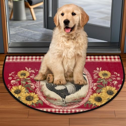 Rooster Sunflower Red Half Round Door Mat, Non-Slip Welcome Indoor Entrance Way Rug Semi Circle Front Doormats Washable Bathroom Kitchen Floor Mat, Outdoor Rugs for Garage, Patio, Hearth Rug,A-01