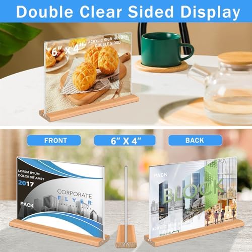 Kersally Acrylic Sign Holder 6 x 4, 4 Pack Double-Sided Clear Table Display Stands with Wood Base,Horizontal Acrylic Frame Menu Flyer Paper Holder for Store, Restaurant, Hotel, Office, Show Fair