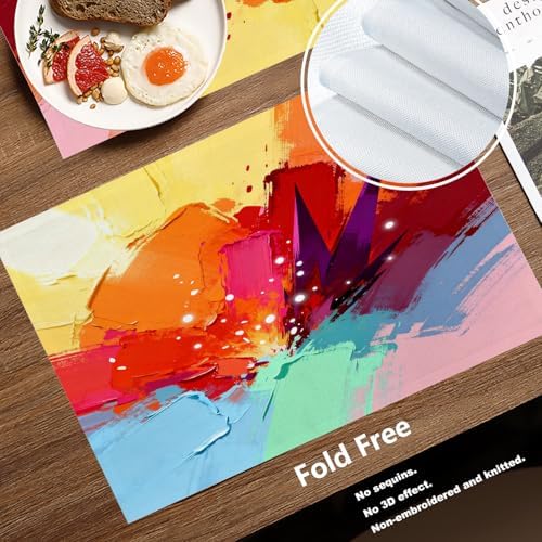 Batmerry Yellow Abstract Oil Painting Linen Placemats Set of 6, Red Contemporary Floral Washable Table Mats for Kitchen Table Thickened Heat Insulation Dining Set Indoor Outdoor 12X18 in