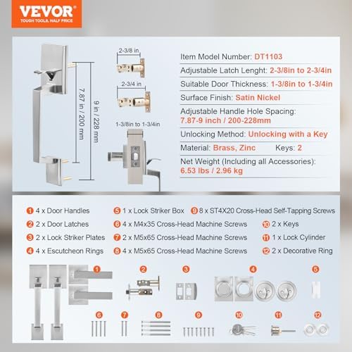 VEVOR Double Door Handle Set, Double Door Lock Set with Reversible Handle Lever, Satin Nickel Square Door Lever, Heavy Duty Double Front Door Handle Set with Dummy, for Front Door or Office Door