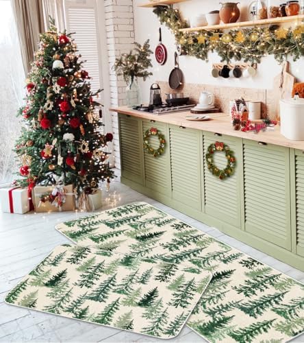 JarThenaAMCS Christmas Kitchen Mat Set of 2 Watercolor Cedar Forest Kitchen Floor Mats Winter Trees Non-Slip Door Rugs for Xmas Holiday Home Entrance Decor