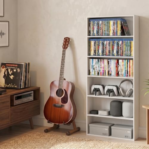 Furinno Basic DVD Shelf, 6-Tier Media Shelf, CD Rack, White | 7 x 24 x 53, Open Shelf for DVD Blueray Game Disc, Cube Storage Organizer, for Living Room, Bedroom, Home Office