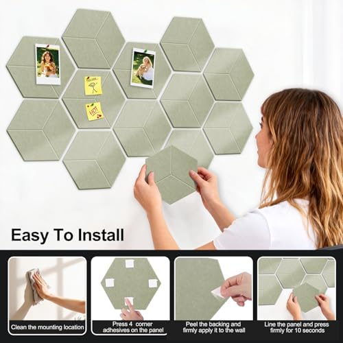 12-Pack Hexagon Cork Board Alternative for Walls Decor, 38.2" x 38.2" Large Felt Bulletin Board, with Pushpins, Damage-Free Adhesives, Thick Pin Board for Office, Home (Sage Green)