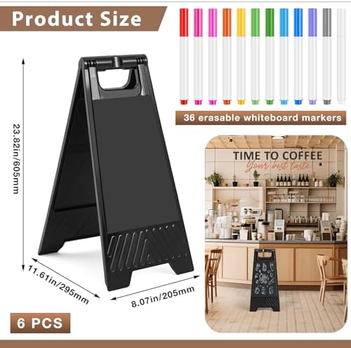 6 Pack a Frame Sandwich Board Sign with Dry Erase Surface, 24 x 12 Inch Double Sided Sidewalk Sign Chalkboard Easel Heavy Duty Plastic Dry Erase Poster Board for Outdoor Restaurant Cafe Menu (Balck)