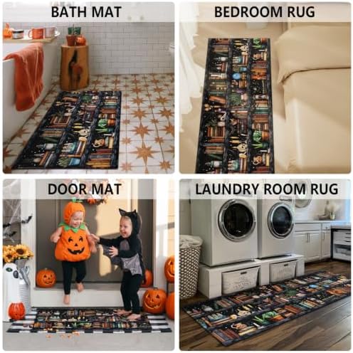 Witches Bookshelf Halloween Kitchen Rugs and Mats Set of 2, (17"x47"+17"x30") Gothic Cute Spooky Season Skulls Black Cat Potions Non Skid Washable Runner Rug for Home Decor Decorations and Accessories