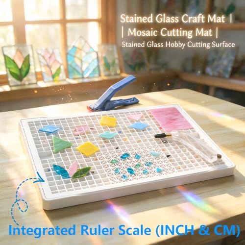 Stained Glass Cutting Mat with Tray, Grid Cutting Mat for Mosaic and Stained Glass Pieces Scoring and Snapping (White, 2-Layer, Size 16" x 12")