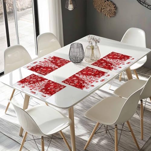 Red Christmas Placemats Set of 4, White Xmas Tree Snowflakes Red Balls Heat Resistant Washable Table Place Mats Winter Cotton Table Linens Party Holiday Decor for Kitchen Dining Outdoor Indoor
