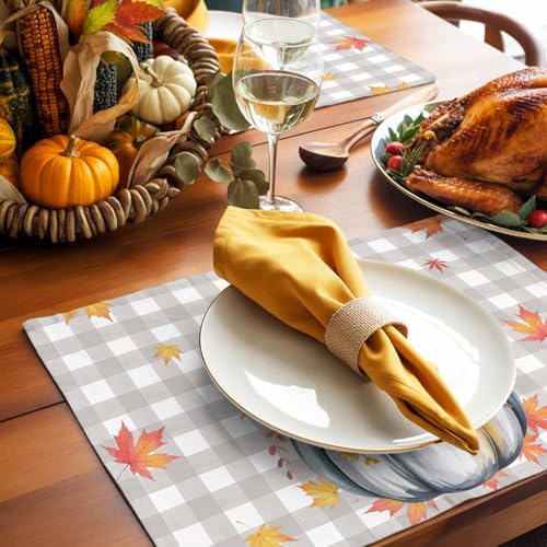 Fall Pumpkins Leaves Placemats Set of 4, Thanksgiving Heat Resistant Washable Table Place Mats Rustic Farmhouse Gray Buffalo Plaid Table Linens Party Decor for Home Kitchen Dining Outdoor Indoor