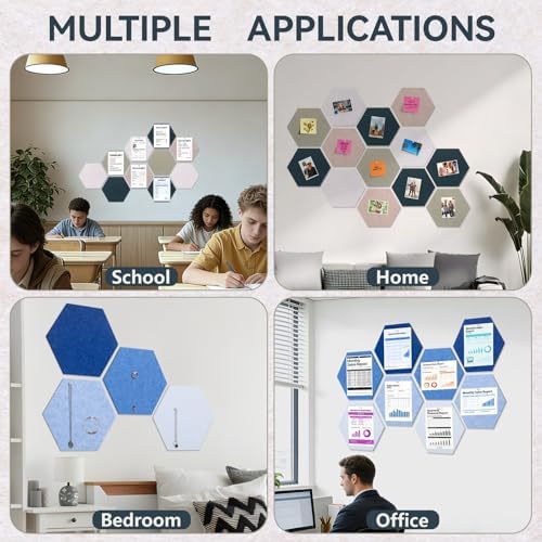 8 Pack Hexagon Felt Cork Board Tiles, 12'' Felt Bulletin Board for Walls Decor with 30 Pushpins, 50 Adhesive Tabs for Office & Home Pin Board, Notes Photos & DIY Classroom Decor (Gradual Blue)