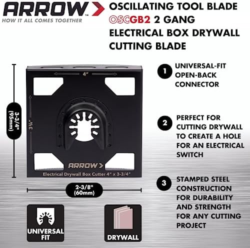Arrow OSCGB2-1 2 Gang Electrical Box Drywall Cutting Blade for Oscillating Tools, Universal, Fits Most Multitools, Includes Adapter, Makes 4” by 3-3/4” Hole