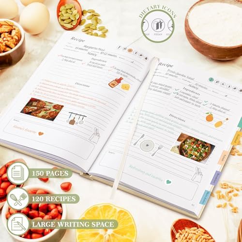 Lanpn Blank Recipe Book Cookbook to Write in Your Own Recipes, Waterproof B5 Empty Cooking Journal for 120 Recipes, Leather Cover Recipe Notebook with Stickers to Organize Your Family Recipes, Green