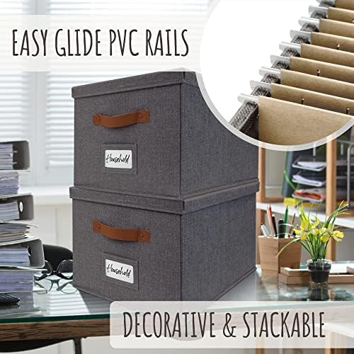 Decorative File Organizer Box Set of 2 - Collapsible Linen Filing Cabinets | Stores Documents and Hanging File Folders - Portable Office Crates with Lid and Handles for Easy Slide Access
