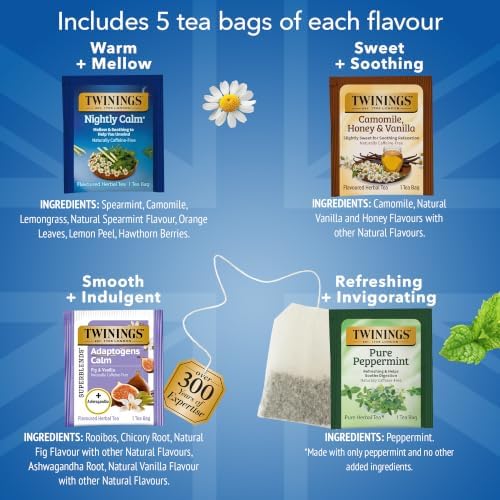 Twinings Calm & Cozy Bedtime Herbal Tea Variety, 20 Count, Pack of 6