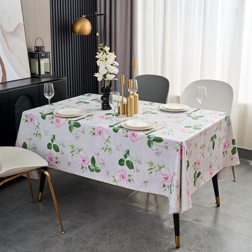LIBERECOO Reinforced Vinyl Tablecloth with Flannel Backing Waterproof Oil-Proof Floral Plastic Table Cloth Stain-Resistant Wipeable Table Cover Not Stiff