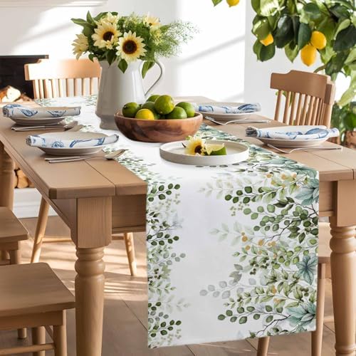 Green Eucalyptus Leaf Table Runner Dresser Scarf 13 x 72 Inch Farm Sage Green Orange Leaves Branch Table Runners Non-Slip Heat Kitchen Dining Tabletop Cover for Indoor Outdoor Home Party Decoration