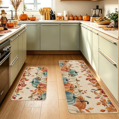 Baccessor Fall Kitchen Rugs Set of 2, Blue Pumpkin Leaves Kitchen Mats for Floor Washable Low-Profile Farmhouse Autumn Holiday Home Indoor Outdoor Decor 17x29 and 17x47 Inch