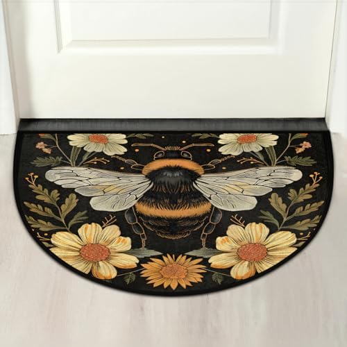 Half Round Door Mat Bee Flower Animal Non Slip Washable Semi Circle Area Rug Absorbent Soft Half Moon Rug Floor Mat for Indoor Outdoor Kitchen Bathroom Patio Front Door Mat Decor