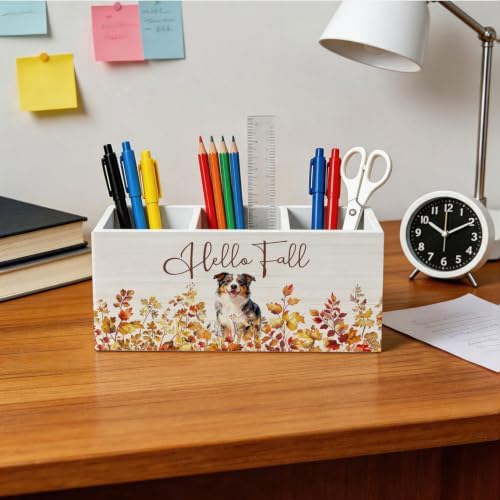 Hello Fall Australian Shepherd Pen Holder for Desk Decor