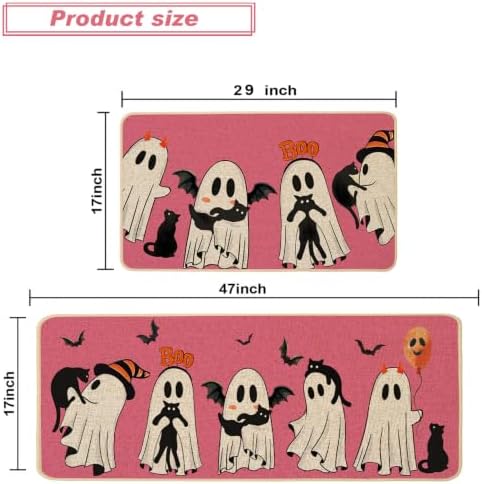 Baccessor Halloween Kitchen Rugs Set of 2, Pink Ghost Boo Black Cat Kitchen Mats for Floor Washable Low-Profile Farmhouse Spooky Holiday Home Indoor Outdoor Decor 17x29 and 17x47 Inch
