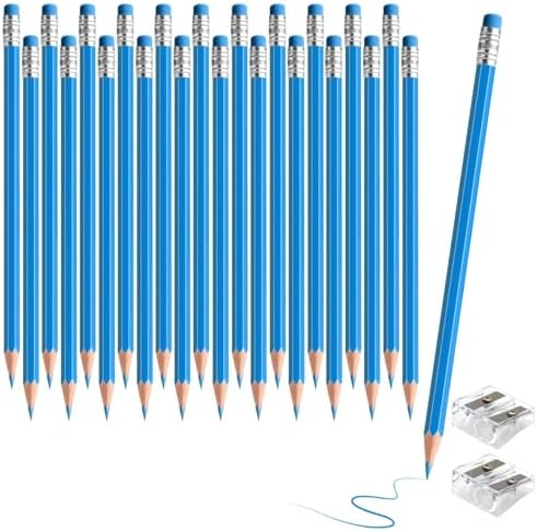 24PCS Erasable Colored Pencils with Eraser Pre Sharpened Pencil 2 HB - Ideal for Checking, Grading, Tests & Office/School Supplies (lightblue)