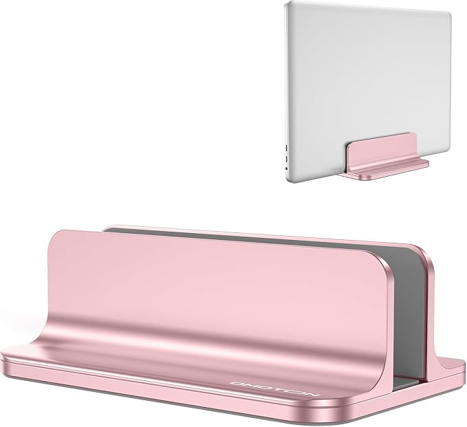 OMOTON Vertical Laptop Stand Holder, Adjustable Dock for MacBook, Rose Gold | Aluminum Stand for MacBook Stand, Fits Chromebook & Gaming Laptops up to 17.3 in, Office Desk Organization, Space-Saving