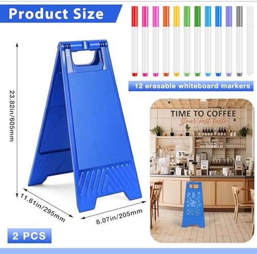 2 Pack a Frame Sandwich Board Sign with Dry Erase Surface, 24 x 12 Inch Double Sided Sidewalk Sign Chalkboard Easel Heavy Duty Plastic Dry Erase Poster Board for Outdoor Restaurant Cafe Menu (Blue)