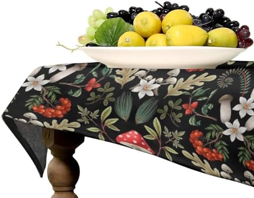 Autumn Mushroom Tablecloth, Rustic Vintage Farmhouse Mushrooms Fern Berries Leaves Botanical Print Table Cover for Outdoor Party Picnic Kitchen Dinning Table Decor 55x75in