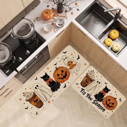 Baccessor Halloween Ghost Kitchen Rugs Set of 2,Tis The Season Spooky Pumpkin Black Cat Mat Rug Indoor Outdoor Low-Profile Non Slip Absorbent Floor Mats for Home Holiday Decor 17x29 and 17x47 Inch
