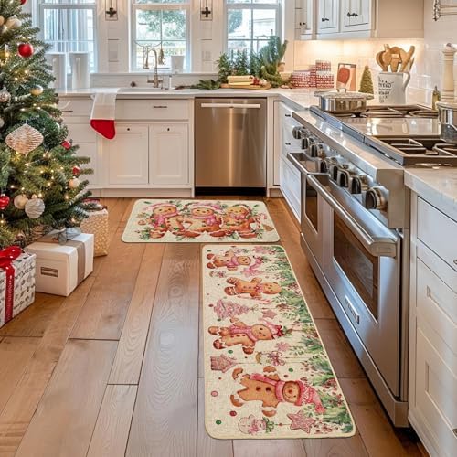 Baccessor Christmas Gingerbread Kitchen Rugs Set of 2, Pink Merry Christmas Xmas Winter Kitchen Mats Washable Non Slip for Floor Hallway Laundry Sink Holiday Home Decor 17x29 and 17x47 Inch