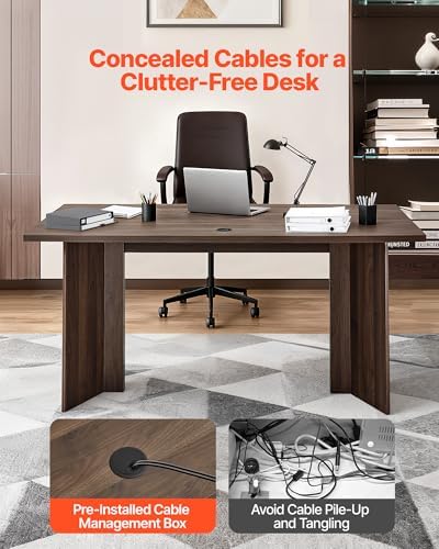 VEVOR 63 in Executive Desk, Large Modern Rectangle Office Table, Heavy Duty Wooden Executive Table with Cable Connection Hole, 250 LBS Load Capacity, Easy Assembly, for Work Study Writing, Walnut