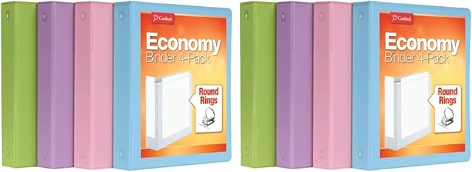 Cardinal 3 Ring Binders, Binders for School and Office, Durable 1.5 Inch, Round Rings, Holds 350 Sheets, ClearVue Presentation View, Non-Stick, Assorted Pastel Colors, 8 Pack (79552)