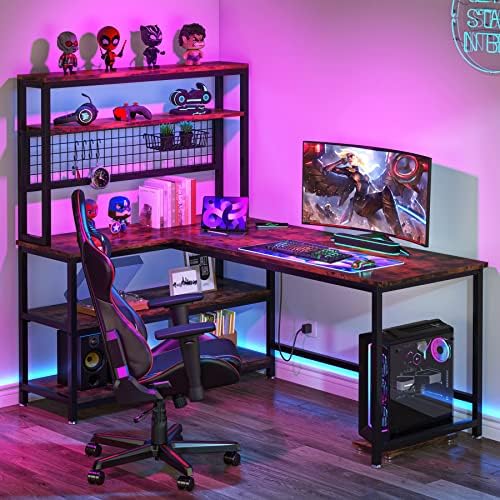 LITTLE TREE L-Shaped Computer Desk 55 Inch Reversible Office Desk Study Writing Table with Wireless Charging and Bookshelf for Home Office, Brown