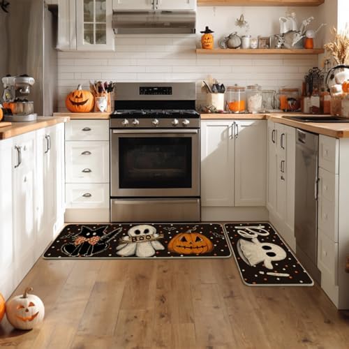 Artoid Mode Black Cats Boo Halloween Kitchen Mats Set of 2-17x29+17x47