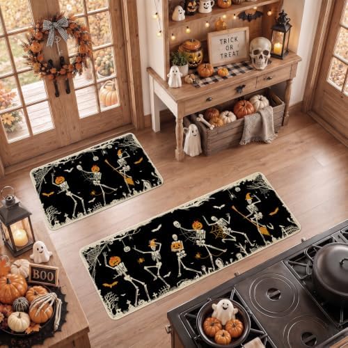 Halloween Kitchen Mat Decor, Skeleton Black Halloween Kitchen Rugs Set of 2
