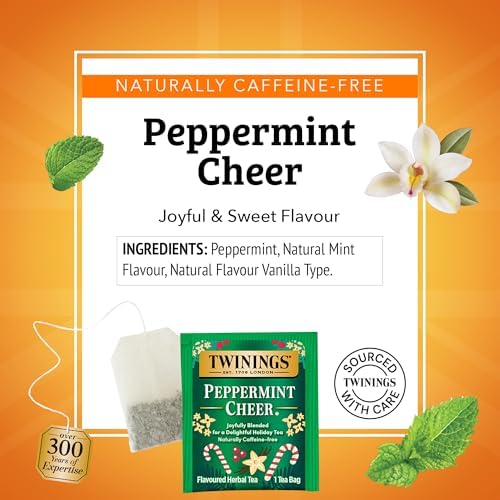 Twinings Peppermint Cheer Herbal Tea Individually Wrapped Bags, 20 Count (Pack of 1), Peppermint & Vanilla, Naturally Caffeine-Free, Enjoy Hot or Iced, 20 Teabags
